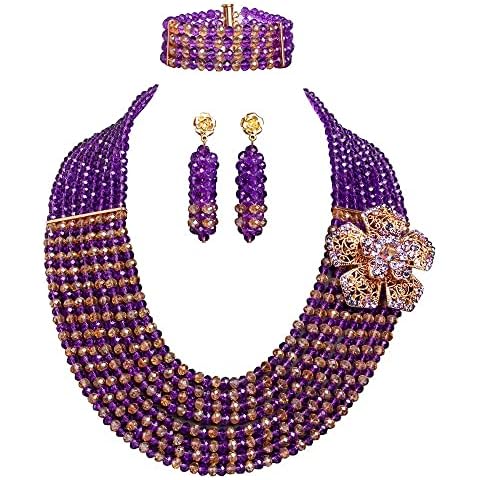 Africanbeads 8 Rows Purple Champagne Crystal Jewelry Set,Bride Jewelry Set,Wedding Beads Jewelry Set Cover