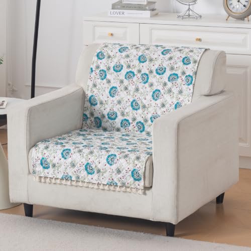 Image of HOKIPO Cerulean Bloom Quilted Sofa Cover for 1 Seater with Tassels for Seat & Back, 'Tassel Twigs' Series (IN-989-T6)