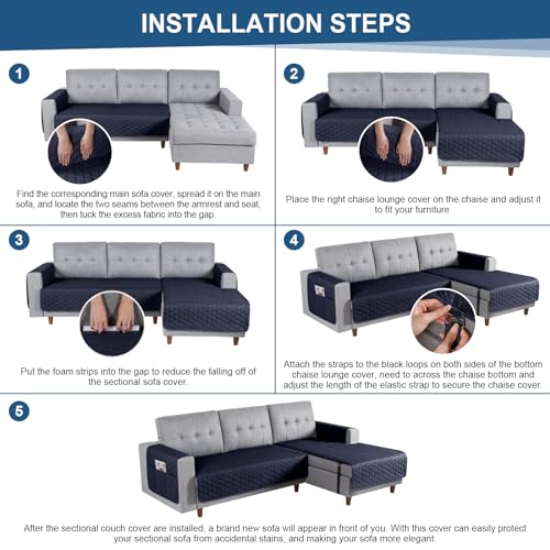 Image of TAOCOCO Sectional Couch Covers 100% Waterproof L Shaped Sofa Covers for Right Hand Facing Chaise Lounge, 2 Pieces Couch Cover L Shape Furniture Protector Slipcover for Pets Kids, Small /Dark Blue