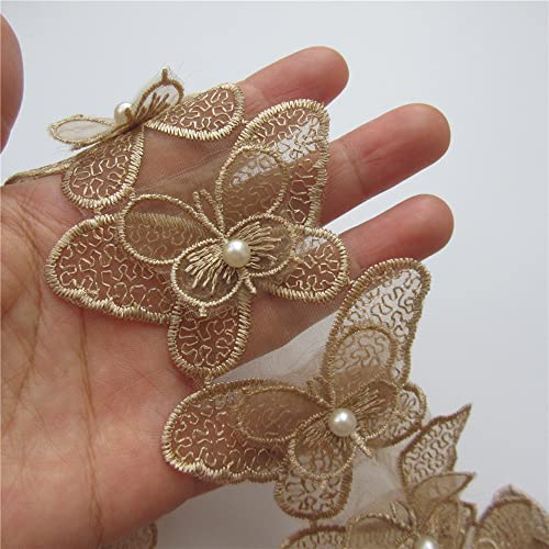 3 Yards Gold Butterfly Beads Lace Edge Trim Ribbon Rhinestone Embellishment 6.5 cm Width Vintage Trimmings Edging Fabric Embroidered Applique Sewing Craft Wedding Dress Clothes Decor - Thumbnail 3