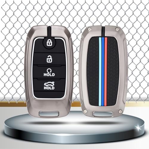 Image of KEYCEPT Metal Key Cover Compatible for Kia Seltos | Sonet | Carens 4 Button Smart Key with Keychain (Long Keychain).