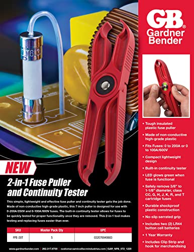 Gardner Bender Extrator de fusível FPE-20T e testador de continuidade, vermelho