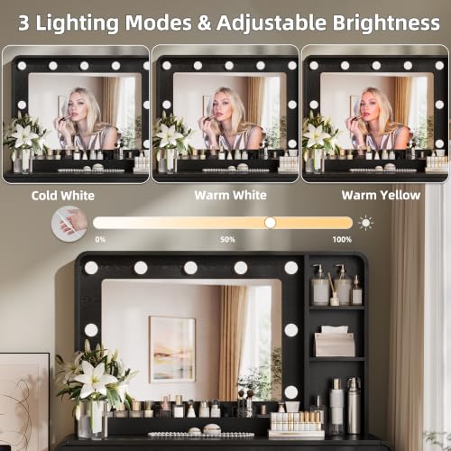 Image of 60.2 inch Makeup Vanity Desk with Charging Station, Black Makeup Dressing Table with Mirror & Lights, 3 Lighting Modes Adjustable Brightness, Vanity Table with Power Outlet and 6 Drawers