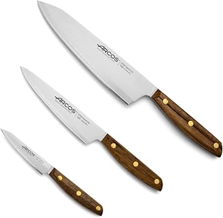 Arcos Series Nordika - Set of 3 Kitchen Knives (Paring Knife + Kitchen | Professional High Precision Nitrum Stainless Steel Set with Ovengkol Wood Handle. Nordic Series Brown