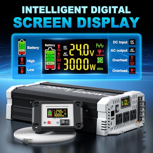 24V Inverter 3000W Pure Sine Wave Inverter Power Inverter, DC 24V to AC 110V, for Solar, RV, Home & Emergency Power. Includes 3 AC outlets, USB & Type-C Ports, LCD Screen, and Remote Control by CELYYPU - Image 3
