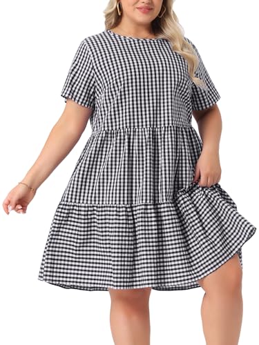 Image of Agnes Orinda Plus Size Gingham Dresses 1950s Vintage Plaid Round Neck Short Sleeve Tiered Midi Summer Dress