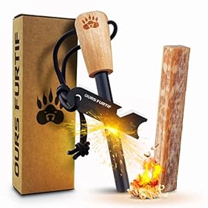 Fire Starter Survival Tool – 3/8″ Thick Flint and Steel Ferro Rod – Survival Kit Fire Steel with Fat Wood Tinder Stick & Multi-Tool Striker – for Camping, Emergency, Bushcraft, Outdoor