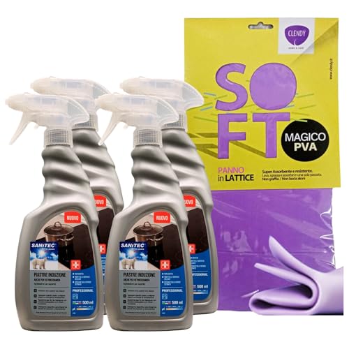 SET PULIZIA: Sgrassatore Spray PIASTRE INDUZIONE Anche Per Vetroceramica. Pulisce a Fondo Con Delicatezza, Senza Graffiare Ed Opacizzare 500ml + Panno SOFT In Lattice (4 Spray+Panno)
