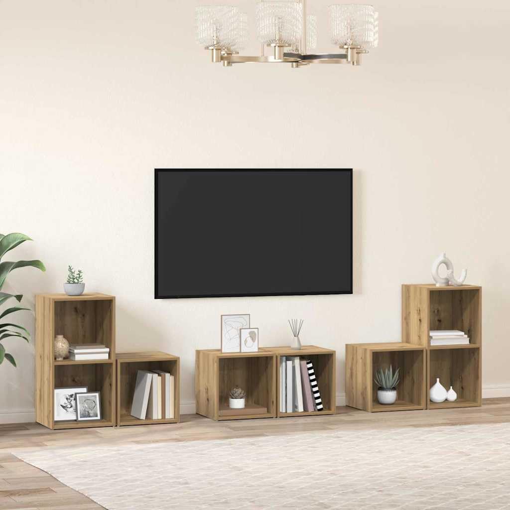 TV-Schrankset Wandmontiert 6-teilig, Artisan-Eiche Holzwerkstoff, Modernes Media-Center für Wohnzimmer, Elegante TV-Konsole mit Stauraum
