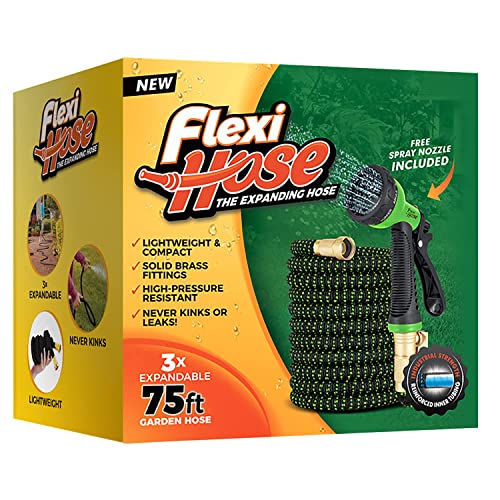 Multiple Colors - Flexi Hose With 8 Function Nozzle Expandable Garden Hose, Lightweight & No-Kink Flexible Garden Hose, 3/4 Inch Solid Brass Fittings And Double Latex Core, 75 Ft Green Black #TOP1