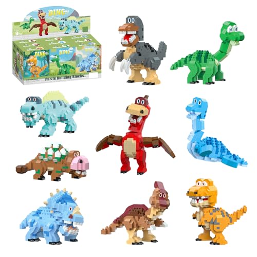 HJPLPXH 9 Pack Dinosaur Mini Building Blocks Set Micro Dino Building Kit Animal Model Kits for Birthday Party Favors Goodie Bags and Easter Basket Stuffers