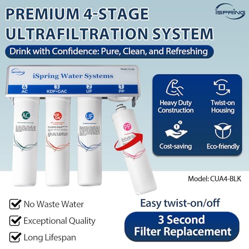 Image of iSpring CUA4-BLK 0.01 Micron Ultra Filtration Under Sink Water Filter System, High Capacity Tankless 4-Stage Ultrafiltration Water Filter, Removes 99.99% Contaminants, Quick Filter Change with Faucet