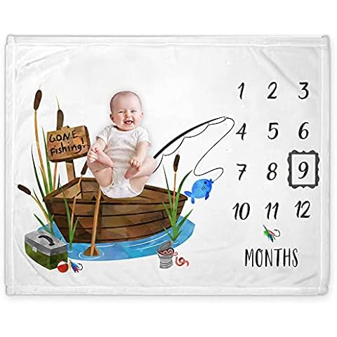 Popfavors Fishing Baby Monthly Milestone Blanket, Gone Fishing Baby Boy Growth Chart Milestone Photo Blanket, Fishing Boat Newborn, Includes Marker (50x40) Cover
