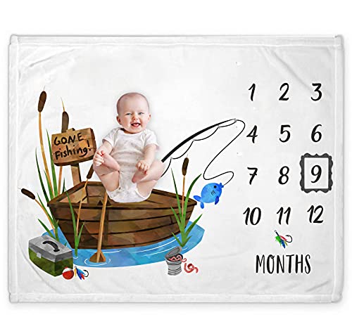 Image of Yuzioey Fishing Baby Monthly Milestone Blanket, Gone Fishing Baby Boy Growth Chart Milestone Photo Blanket, Fishing Boat Newborn, Includes Marker (50"x40")