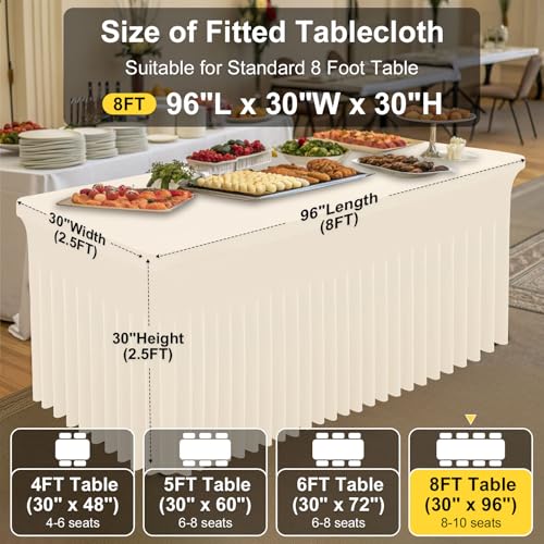 Image of Smiry 2 Pack Spandex Elastic Fitted Table Cloth Skirt for 8FT Table | Stretch Washable Table Cloth, Banquet Table Cover for Wedding, Party, Indoor & Trade Shows, (Beige, 96Lx30Wx30H)
