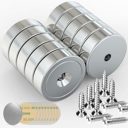 10Stück 20kg Magnete Neodym Magnet Stark Mit Loch - 25mm Extra Starke Magnetic Rund Starker Halt Magneten Topfmagnet mit Flach Selbstklebend Metallplättchen (10 Stück 25mm magnets)