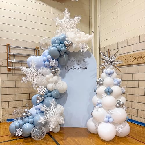 Image of Baby Blue White Winter Wonderland Balloons, 60PCS Dusty Blue and White Metallic Silver Snowflakes Balloons for Ice Snow Wonderland Wedding Birthday Baby Shower Christmas New Year's Party Decorations