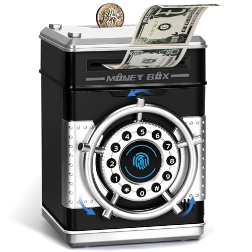 Thedttoy Simulated Fingerprint PIN Lock Money Box Safe Piggy Bank for Kids Auto-Spin Unlock Smart Cash Saving Box Birthday Present for 3-12 Years-Black