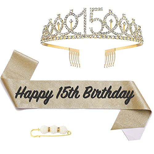POPOYU Couronne et écharpe dorées pour fille, accessoires de fête pour 15e anniversaire, ensemble de costume pour fille