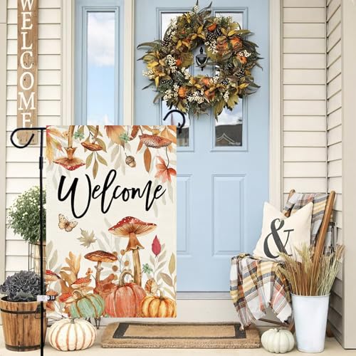 Baccessor Fall Thanksgiving Pumpkins Garden Flag 12.5x18 Inch Double Sided Autumn Blue Pumpkins Wreath Small Burlap Yard Flag for Outside Oudoor Welcome Seasonal Holiday Decoration