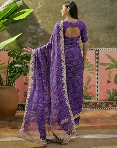 Image of SIRIL Women's Chiffon Scalloped Border Sequins Embroidery Saree with Unstitched Blouse Piece