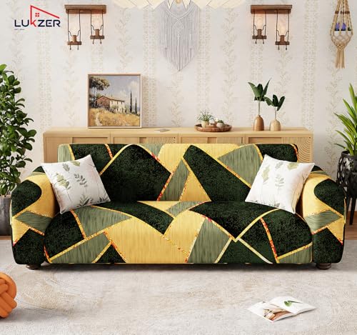 Image of Lukzer 5 Seater Sofa Cover - Dark Green Prism | Sofa Cover 3+1+1 Seater | 360 Fully Covered Anti-Slip Washable Couch Cover Protecter | 140 GSM Stretch Fit Polyester + Spandex Slipcover (SC-035-05)
