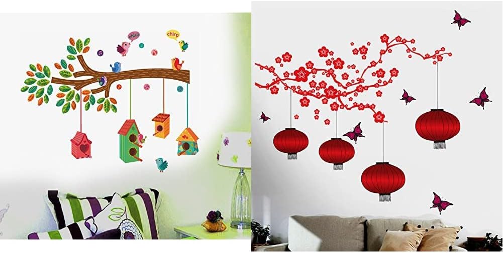 Decals Design ' Bird House on a Branch' Wall Sticker (PVC Vinyl, 70 cm x 25 cm, Multicolour) & 'Chinese Lamps in Double Sheet' Wall Sticker (PVC Vinyl, 90 cm x 60 cm, Multicolour) Combo, Animal