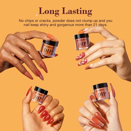 AZUREBEAUTY Dip Powder Nail Kit Starter, Orange Brown Glitter, 4 Fall Pumpkin Maple Dark Colors Set, French Halloween Nail Art Base Top Coat Activator Essential Liquid Manicure DIY Salon