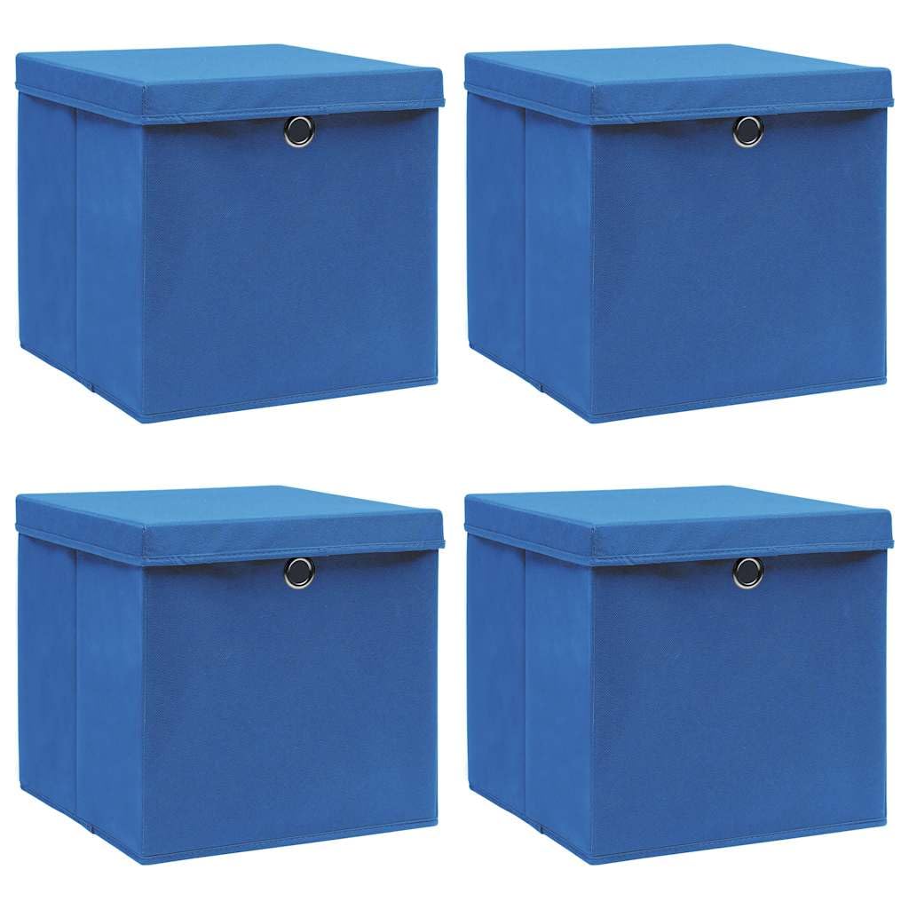 Cajas de almacenamiento con tapas, 4 unidades, color azul, 32 x 32 x 32 cm, plegables, de tela no tejida, para armario, estantería, oficina, dormitorio, cocina