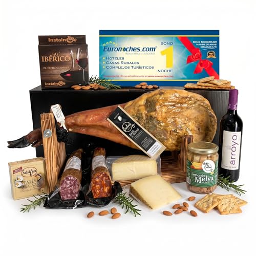 SABE A SABAS Cesta Gourmet con Paleta Ibérica Cebo 50% 5 Kg y Embutidos Bellota Vino Ribera del Duero Queso Curado Patés y Melva Lote de Regalo Navidad Empresa 1 Noche Hotel Gratis Selección Premium