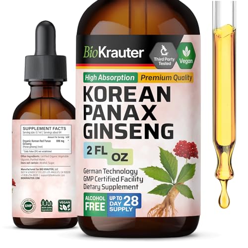BIO KRAUTER Panax Ginseng Liquid Drops - Korean Ginseng Extract Alcohol Free - Organic Red Ginseng Tincture for Energy, Immune Support - Vegan, Sugar Free Ginseng Drops 2 Fl.Oz.