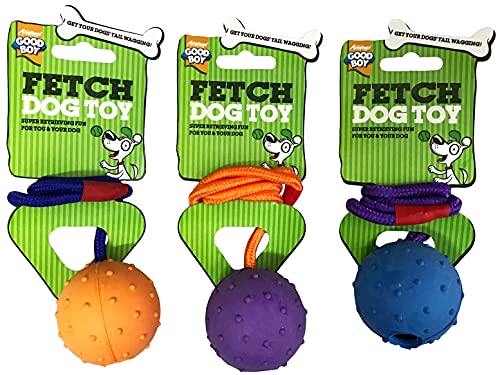 3 PACK GOODBOY FETCH DOG TOY BOUNCY PIMPLED RUBBER BALL ON ROPE THROW 08986