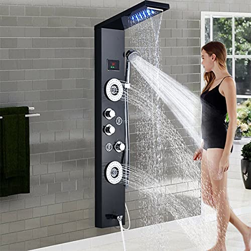 ALENARTWATER Wall Mounted Bathroom Shower Panel Tower System LED Rainfall Waterfall Shower Head with Body Jets Stainless Steel Rain Massage System Black 6-Function Shower Column