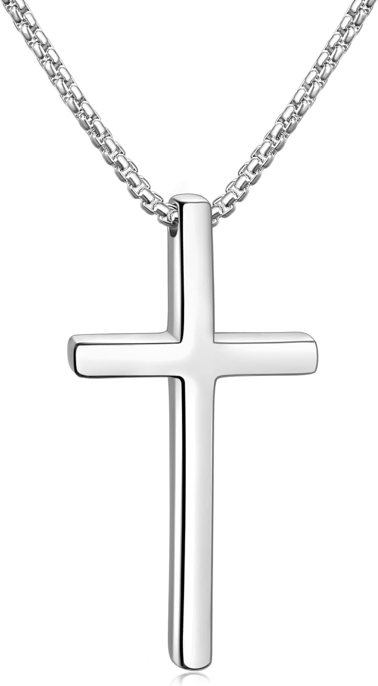 Fiusem Cross Necklace for Men, Silver/Gold/Black Mens Cross Necklaces with 2.5mm Cross Chain and Stainless Steel Cross Pendant, Box Chain 16-24 Inch