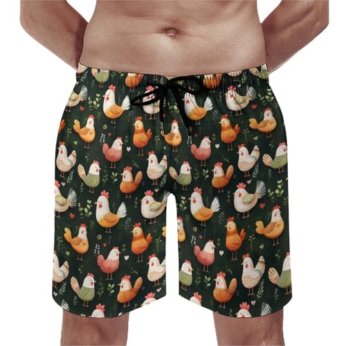 Hawaiian Shorts for Men - Comfy Cute Colorful Chickens Print Mens Swim Trunks Bathing Suits with Mesh Lining