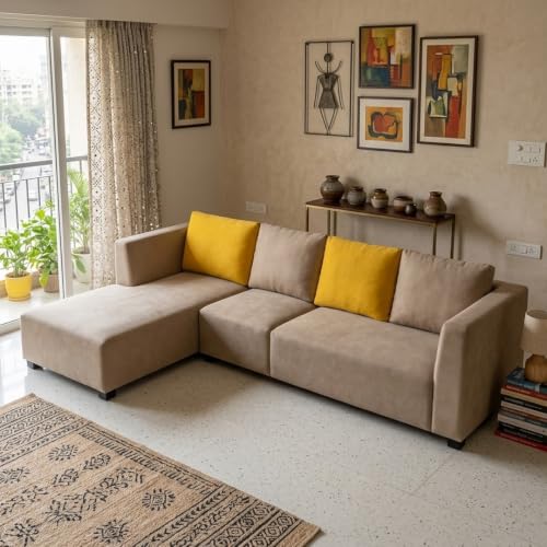 Image of FURNY Olympus 6 Seater LHS L Shape Sofa Set | Plush Velvet Suede Fabric | Modern Design | Soft Comfort Dual Color Cushions for Living Room, Office & Hotels (Beige-Yellow)