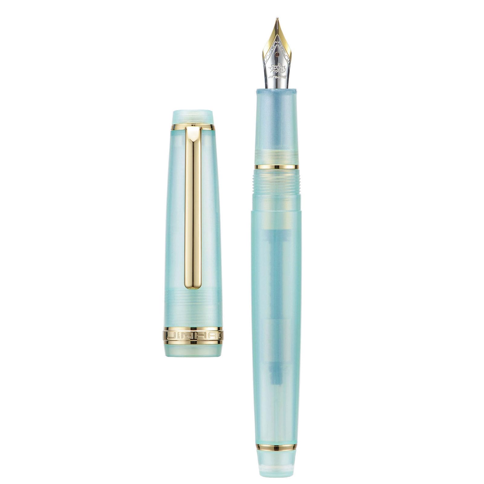 Jinhao 82 Acrylic Fountain Pen, Iridium Bent Nib with Ink Converter, Transparent Lake Blue Classic Design Smooth Writing Pen (Gold Trim)