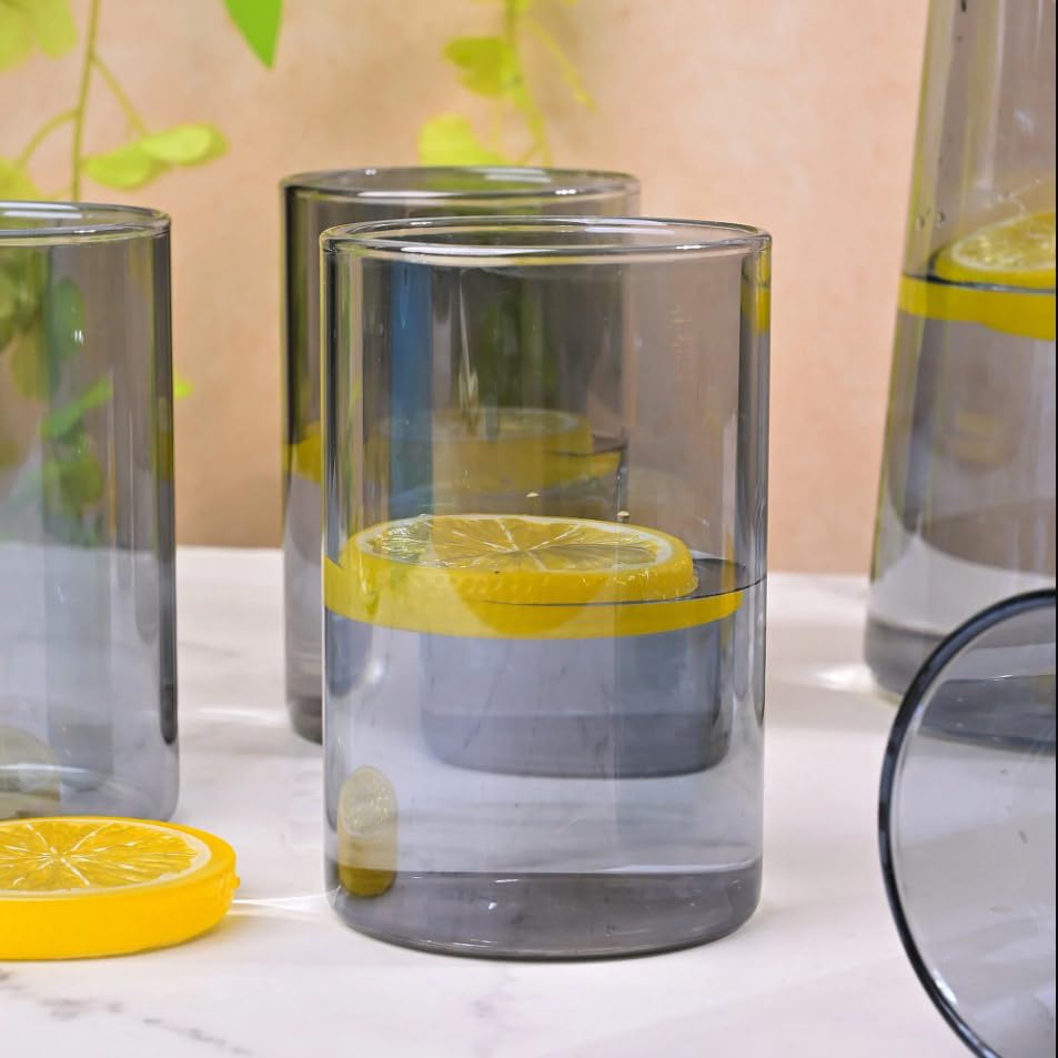 Image of Water and Juice Black Glasses Set of 6 and Borosilicate Jug Set Combo (6 PC Glasses 280ML and 1 Water Jug 1.8 Liter) Transparent, Glass and Jug Set for Dining Table (7 Piece)