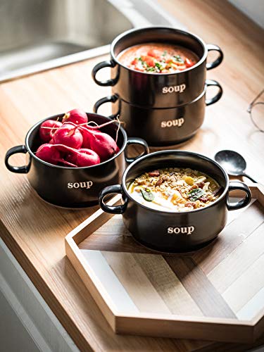 Lauchuh 27 Ounces Soup Bowls With Handles, French Onion Soup Bowls, Oven Safe Soup Bowls Serving Bowls For Entertaining, Party Stackable, Black #TOP3