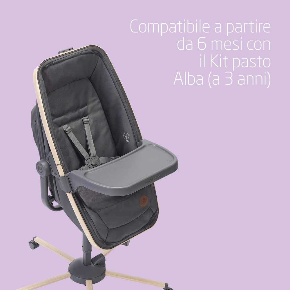 Maxi-Cosi Alba All in 1 Bassinet, Baby Bassinet, Reclining Bassinet and Highchair, 100% Recycled Fabrics, 0 Months - 3 Years (15kg), Combine with Maxi-Cosi Alba Meal Kit, Beyond Graphite