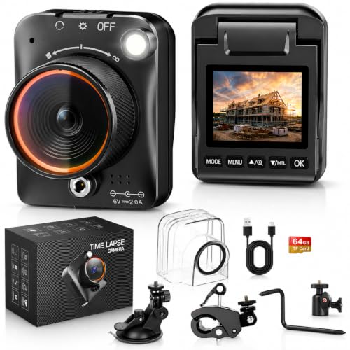 Outdoor Time Lapse Camera with Weatherproof Case 48MP & 1296P MP4 Video 180-Day Battery 110 Wide Angle LED Light 64GB Card 3 Mounts for Construction Garden Growth Sunsets & DIY