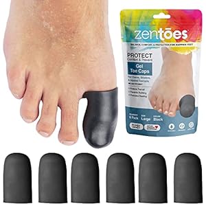 ZenToes 6 Pack Gel Toe Cap and Protector – Cushions and Protects to Provide Relief from Missing or Ingrown Toenails, Corns, Blisters, Hammer Toes (Large, Black)