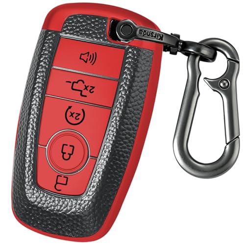 Kirsnda for Ford Key fob Cover,Texture case,with Keychain,Key Shell/Skin,5-Buttons fit 2018-2023 for Edge Explorer Expedition Fusion for Mustang Raptor Remote Key Vehicle Accessories,Red Texture