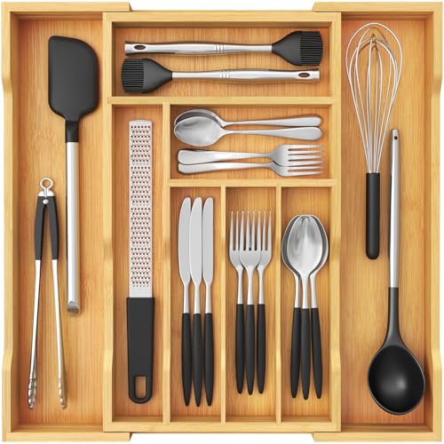 Lifewit Besteckkasten für Schubladen Tiefe 47 cm Ausziehbarer Besteckeinsatz Breite bis zu 50 cm Küchenschubladeneinsatz Schubladen Organizer Bambus Besteckhalter für Löffel/Gabeln/Messer