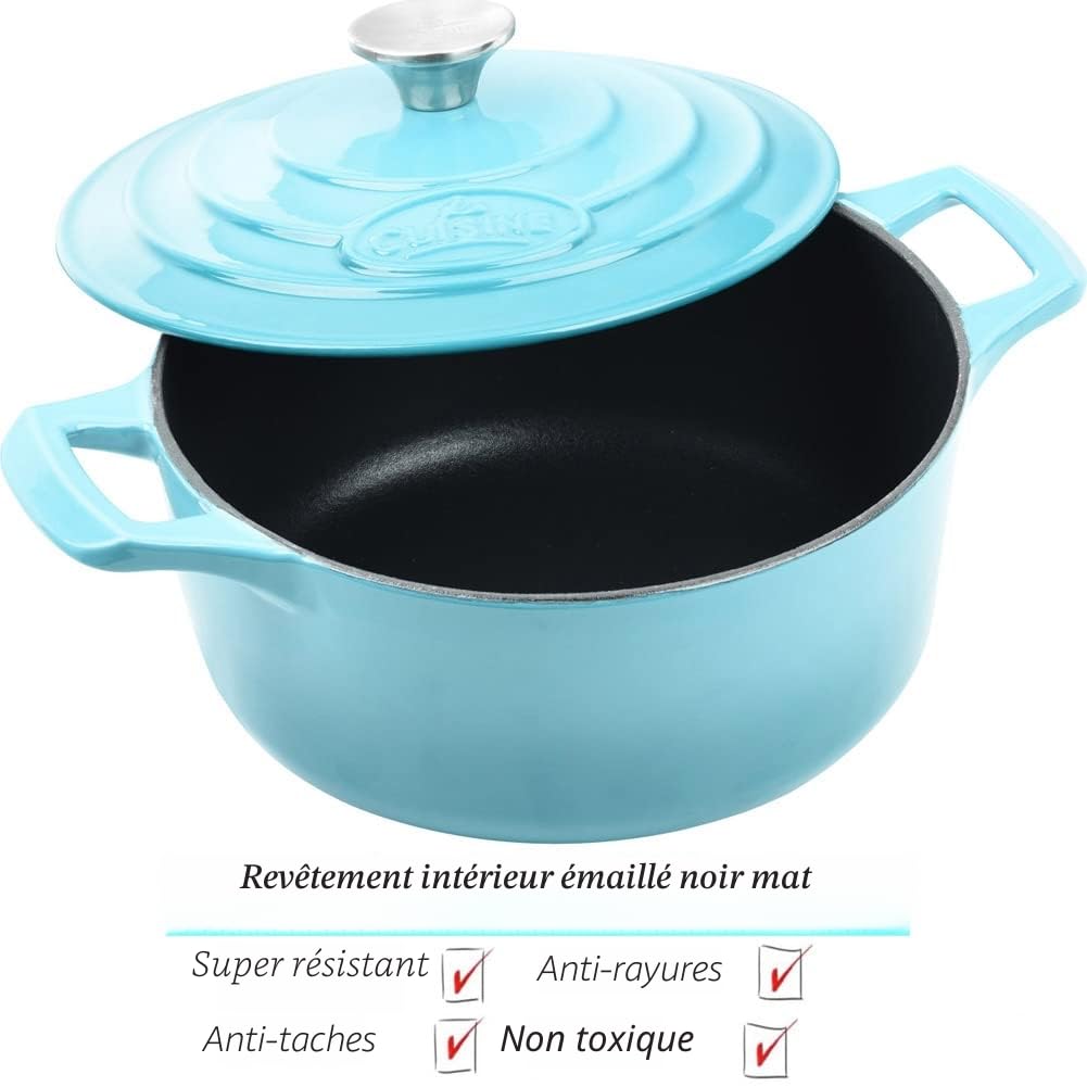 La Cuisine Cocotte en fonte émaillée, 2 litres, 20 cm de diamètre, intérieur en émail noir mat, compatible tous feux, passe au four, couleur turquoise