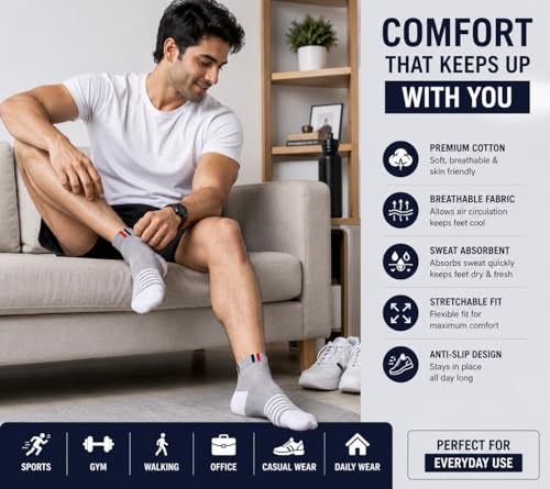 Image of Men's Ankle Length Socks Pack of 2 Pairs | Cotton Rich Sports & Casual Socks | Breathable, Sweat Absorbent, Stretchable Daily Wear Socks for Men (Free Size)
