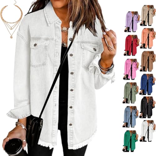 Women's Casual Denim Button Down Distressed Jacket, Beauty North Jean Jacket, New Washed Denim Shirt Jacket for Women