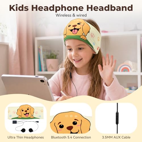 Image of Kids Bluetooth Headband Headphones with Sleep Mask, Soft Wireless Travel Earphones for Toddlers-Safe Volume, with 3.5mm Jack, for Airplane, iPad & Travel, Gift for Boys & Girls (Dog