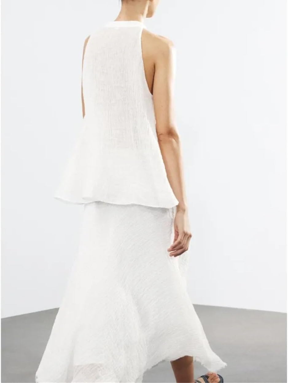 Women's Spring 2-Piece Set - Pleated Midi Skirt and Lightweight Sleeveless V-Neck Tops with Tie Casual Outfit
