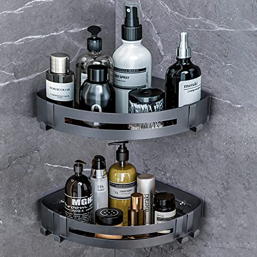 UOHHBOE Etagère de Douche d'angle sans Perçage Rangement Salle de Bain Acier Inoxydable Étagère Murale Support Autocollant Étanche avec 8 Crochets Mobiles 2 Pièces Gris